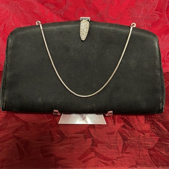 Harry Levine Black Satin Frame Evening Bag/Clutch Rhinestone Clasp 1950s Vintage - Picture 1 of 15